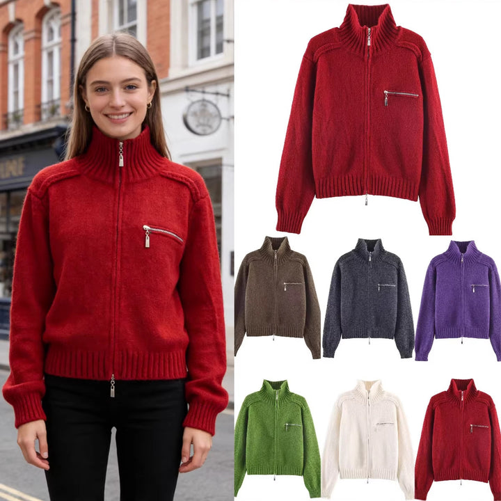 Women's Chunky Knit Zip-Up Cardigan with High Ribbed Collar and Chest Pocket Mune Fashion