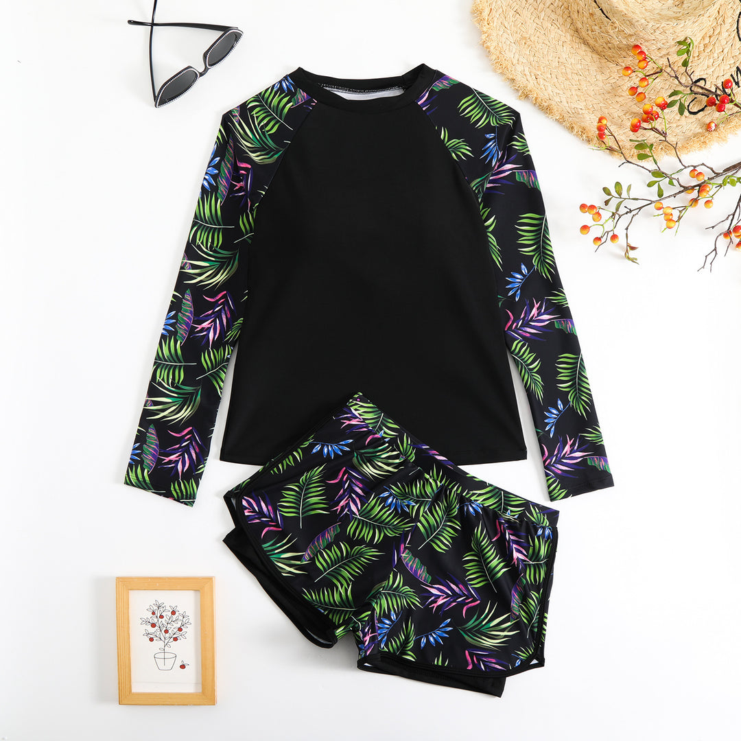 Women's Sporty Long Sleeve Rashguard with Colorful Leaf Design Mune Fashion