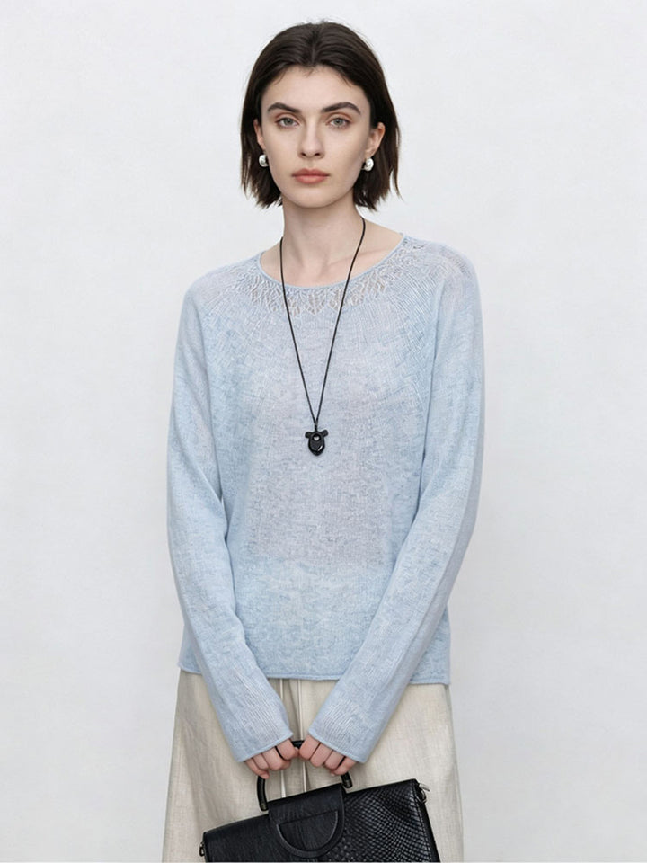 Women's Fine Round Neck Sweater with Lace Knit Detail Mune Fashion