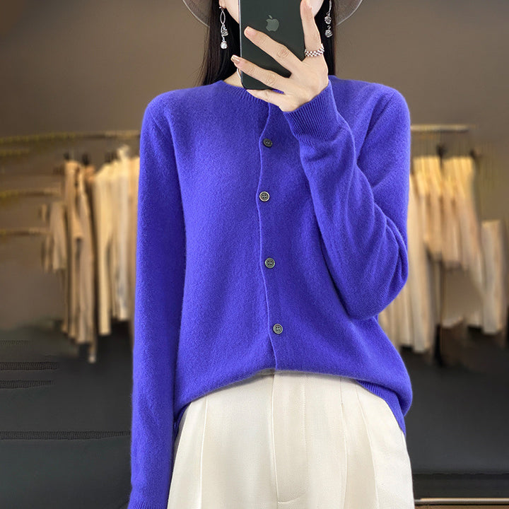 Women Lightweight Fine Knit Cardigan with Cashmere Look, Round Neckline and Hidden Button Placket Mune Fashion