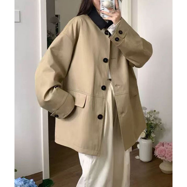 Women's Short Boxy Trench Style Jacket with Contrast Collar and Adjustable Cuffs Mune Fashion