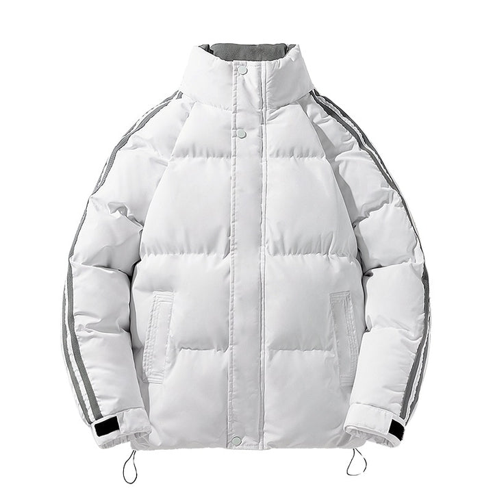 Men's sporty quilted winter jacket with high stand-up collar, sleeve stripes, and adjustable hem Mune Fashion