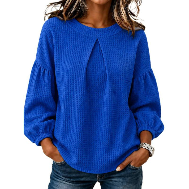 Women's Loose Waffle Knit Sweatshirt with Front Pleat and Balloon Sleeves Mune Fashion