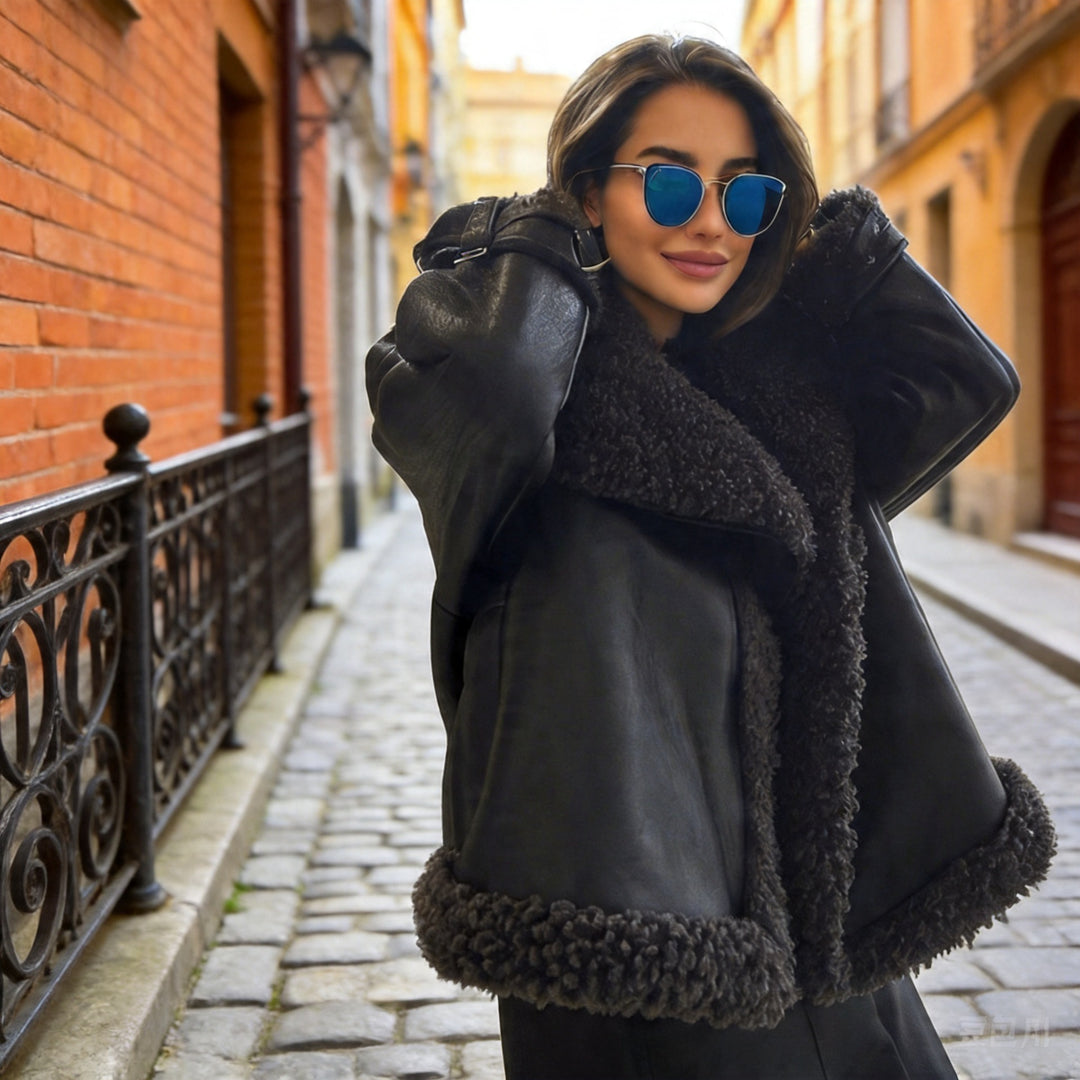Women’s short-cut aviator leather jacket with teddy lining, large collar, and oversized silhouette Mune Fashion