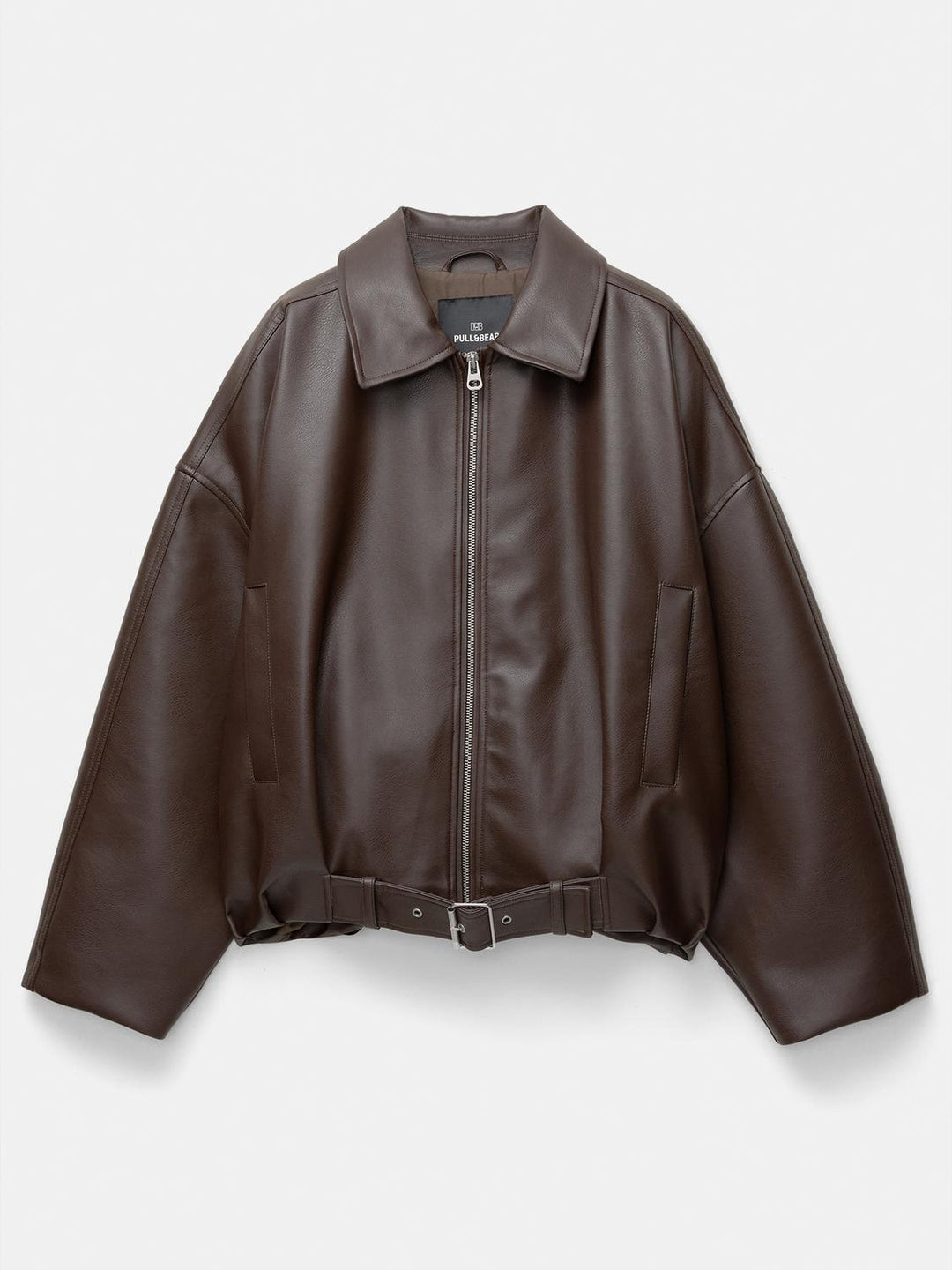 Women's stylish faux leather jacket with eye-catching collar and waist belt