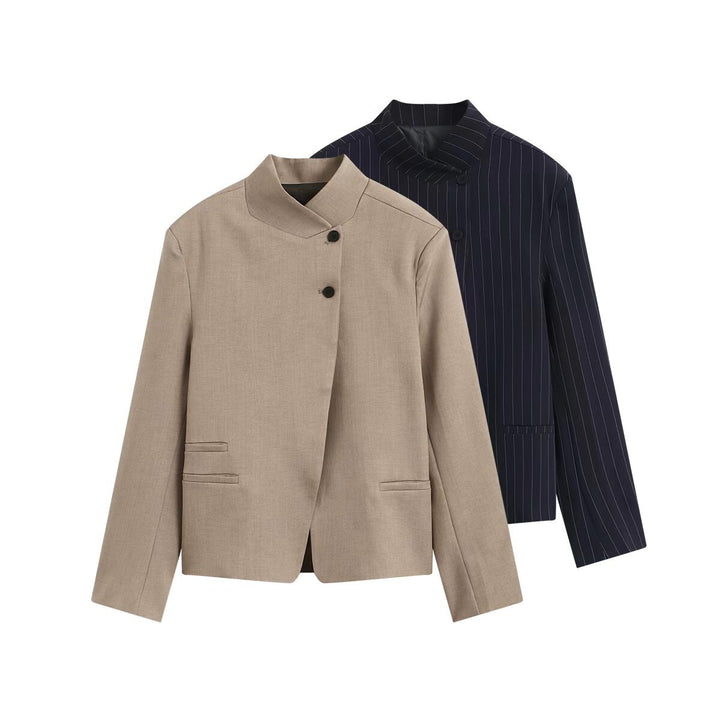 Women's asymmetric short blazer with stand collar and concealed button placket Mune Fashion