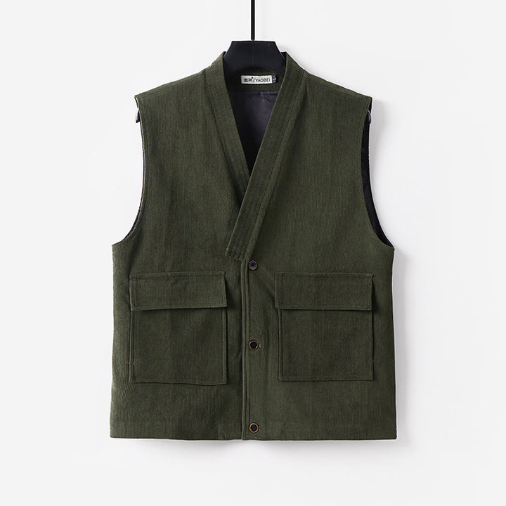 Men's cord waistcoat with V-neck, stand-up collar, and large flap pockets Mune Fashion