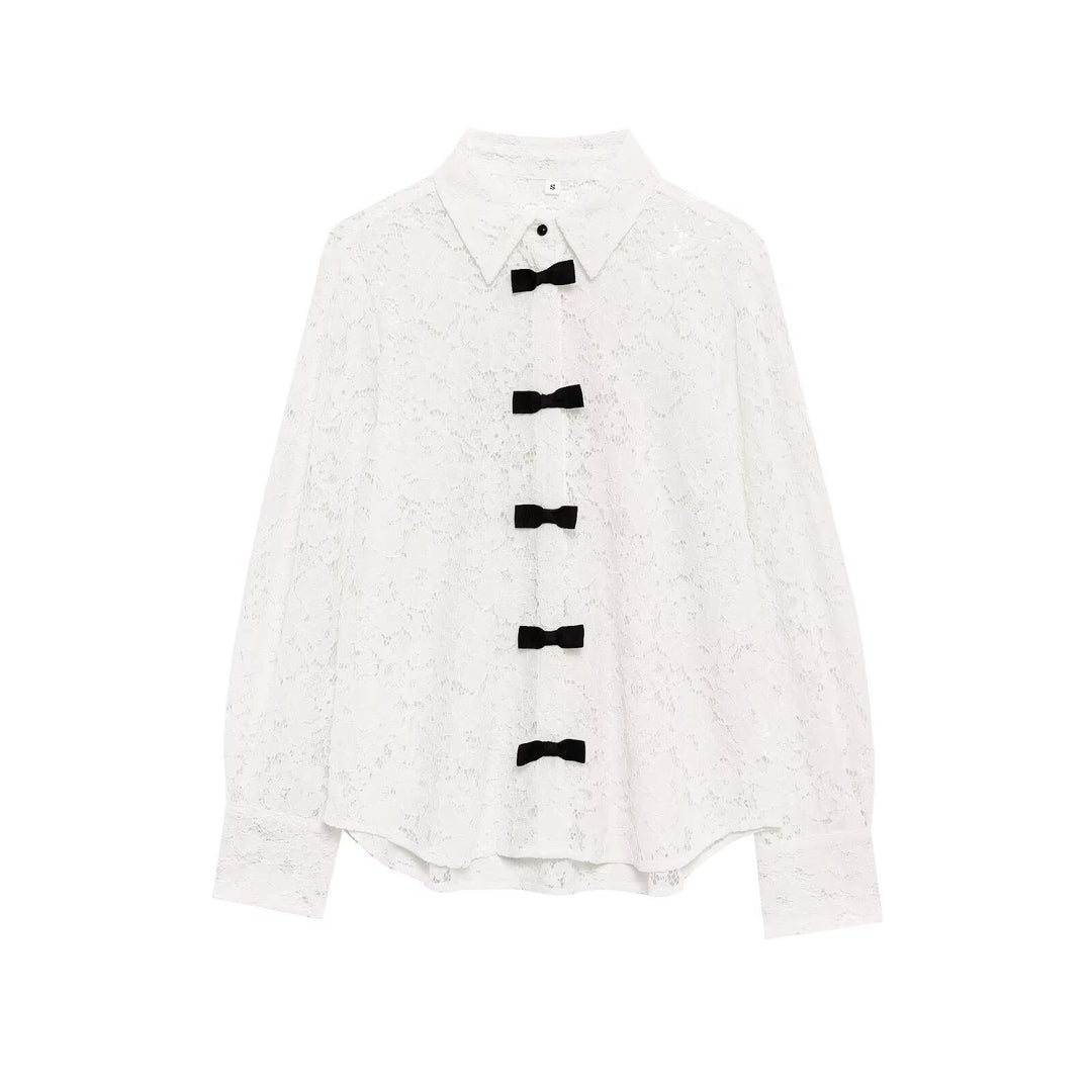 Women's Transparent Lace Blouse with Continuous Decorative Button Placket and Bow Applications Mune Fashion