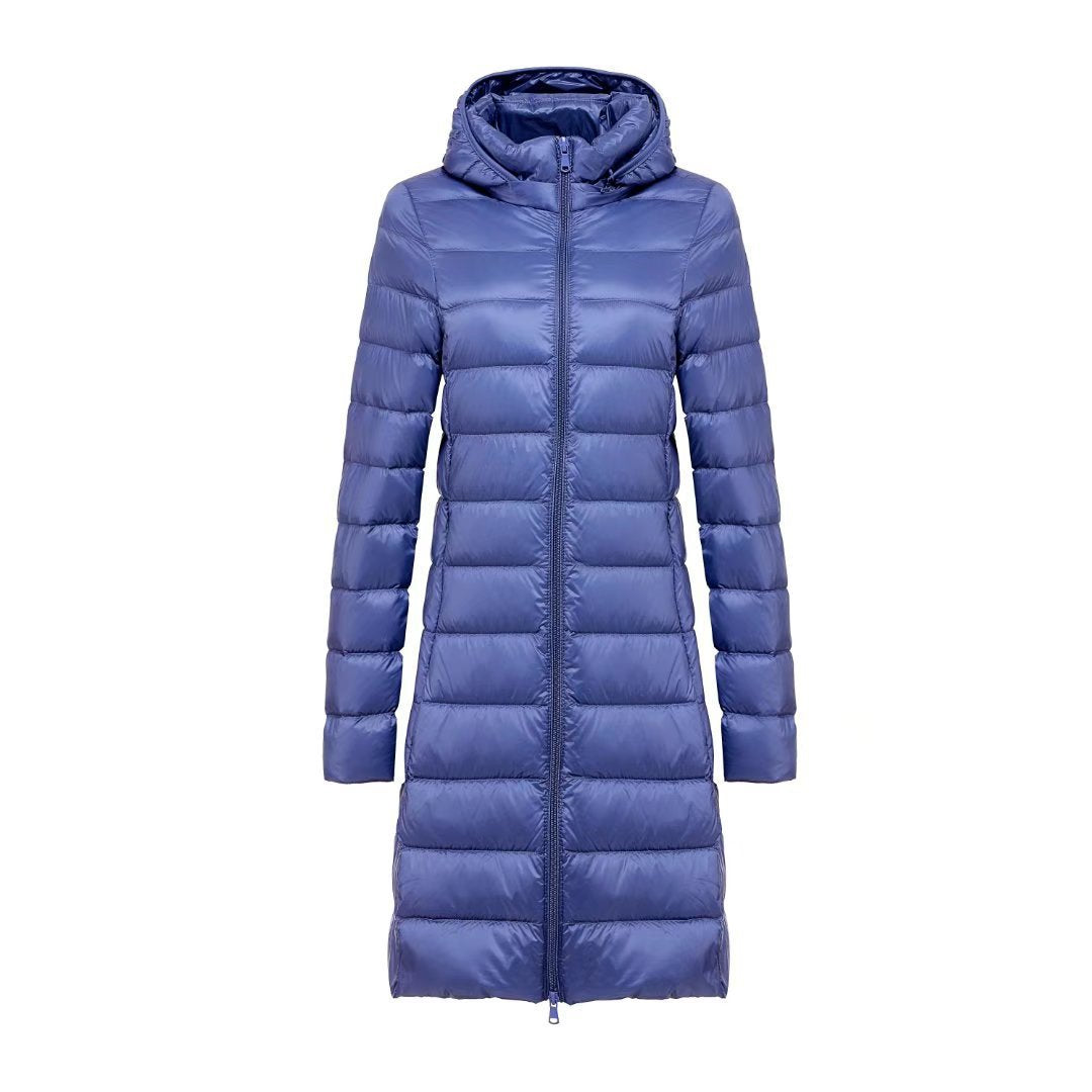 Women Long Cut Ultra-Light Thermal Parka with Contoured Silhouette and Hood Mune Fashion