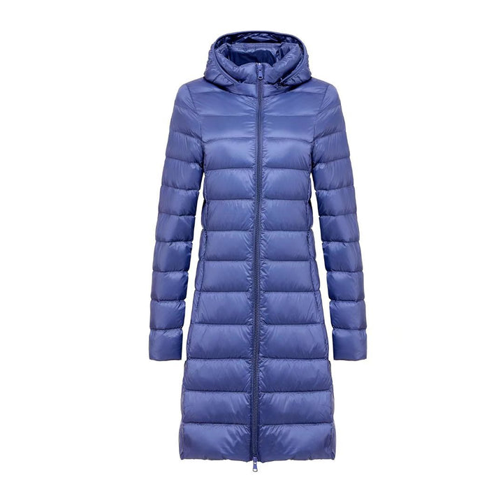 Women Long Cut Ultra-Light Thermal Parka with Contoured Silhouette and Hood Mune Fashion