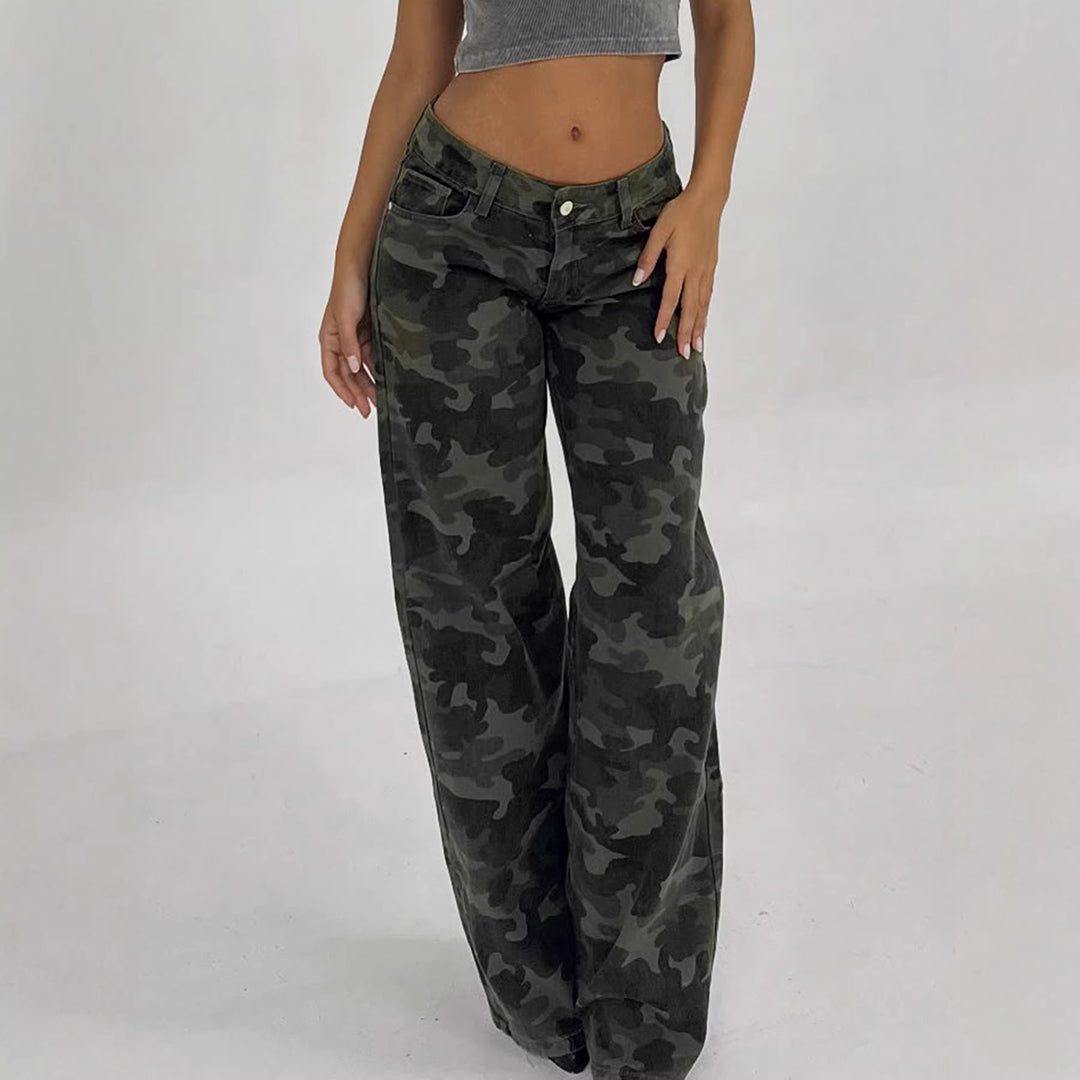 Women's Camouflage Denim Flared Pants with High Waist and Wide Leg Mune Fashion