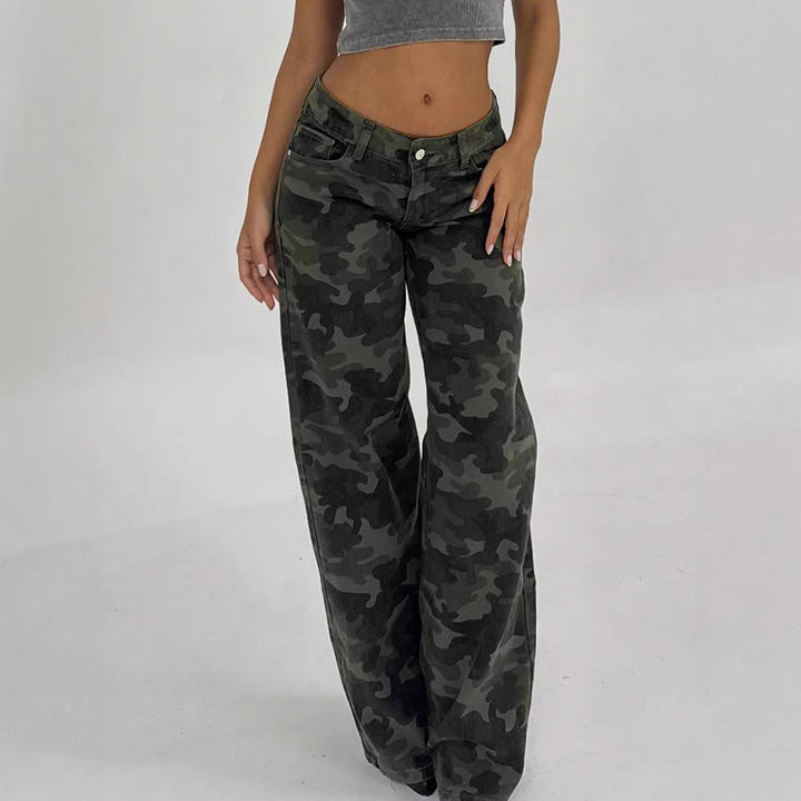 Women's Camouflage Denim Flared Pants with High Waist and Wide Leg Mune Fashion