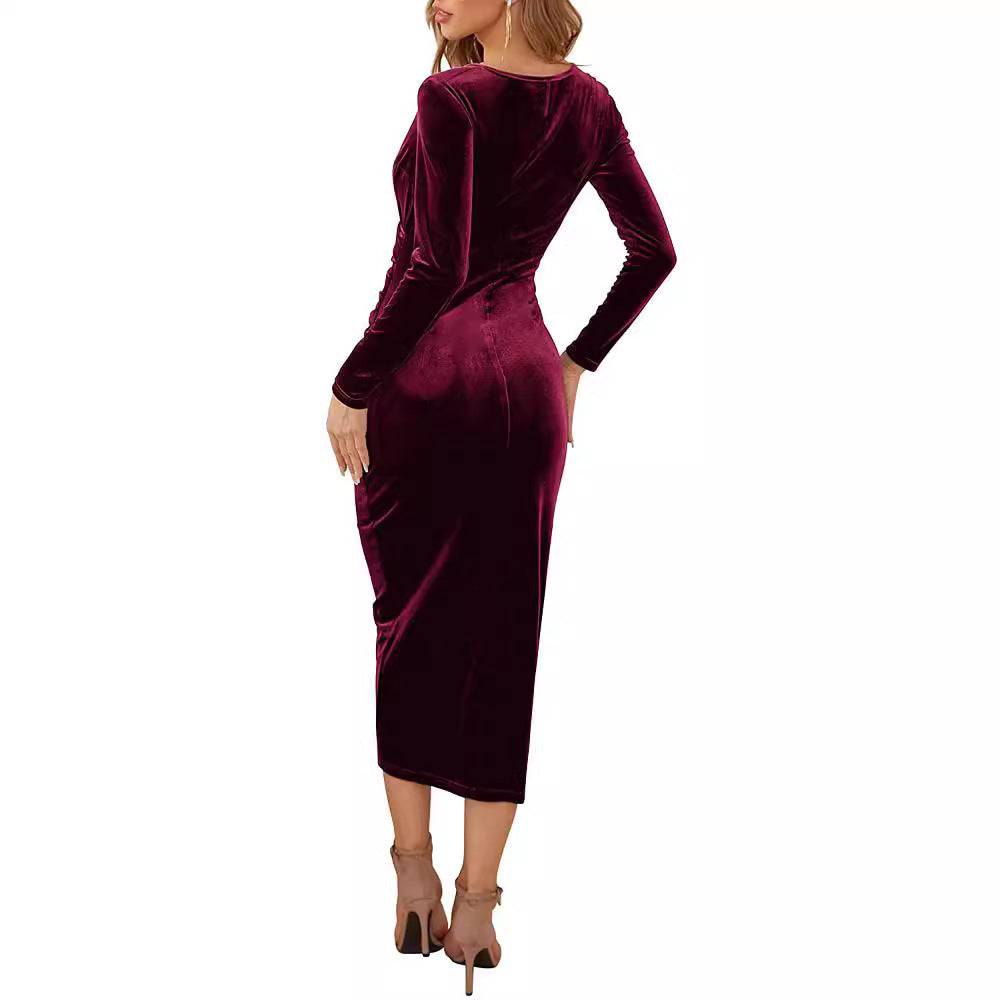 Women's midi dress made of velvet with wrap look, gathering and asymmetric tulip hem Mune Fashion