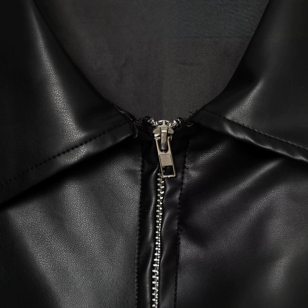 Women Oversize Faux Leather Bomber Jacket with Zipper and Elastic Hem Drune
