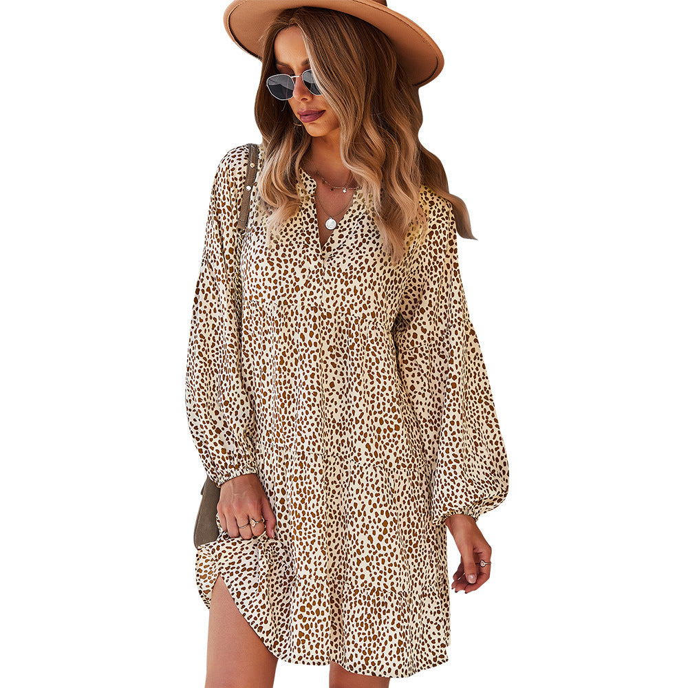 Women's loose tiered mini dress with V-neck, balloon sleeves, and ruffled flounce hem Mune Fashion