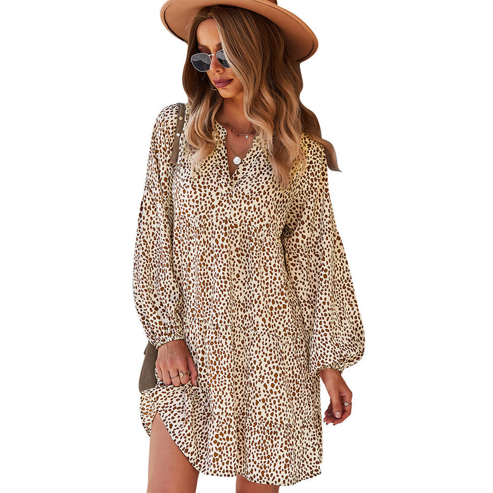 Women's loose tiered mini dress with V-neck, balloon sleeves, and ruffled flounce hem Mune Fashion