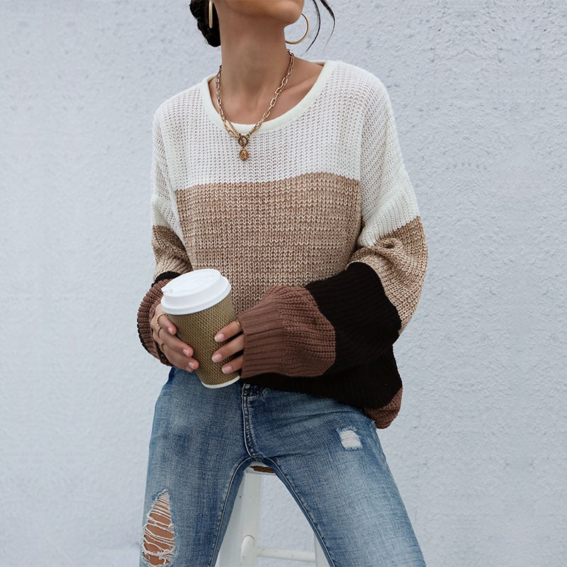 Women's Casual Color Block Knit Sweater with Open Stitch Structure and Round Neckline Mune Fashion