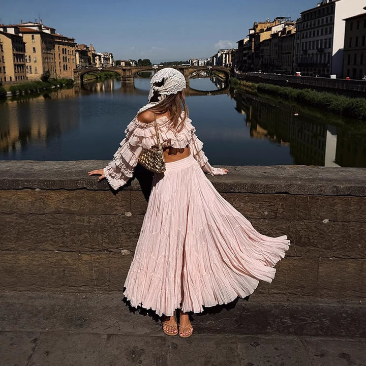 Women's Boho Two-Piece with Cropped Ruffle Top and Pleated Maxi Skirt Mune Fashion