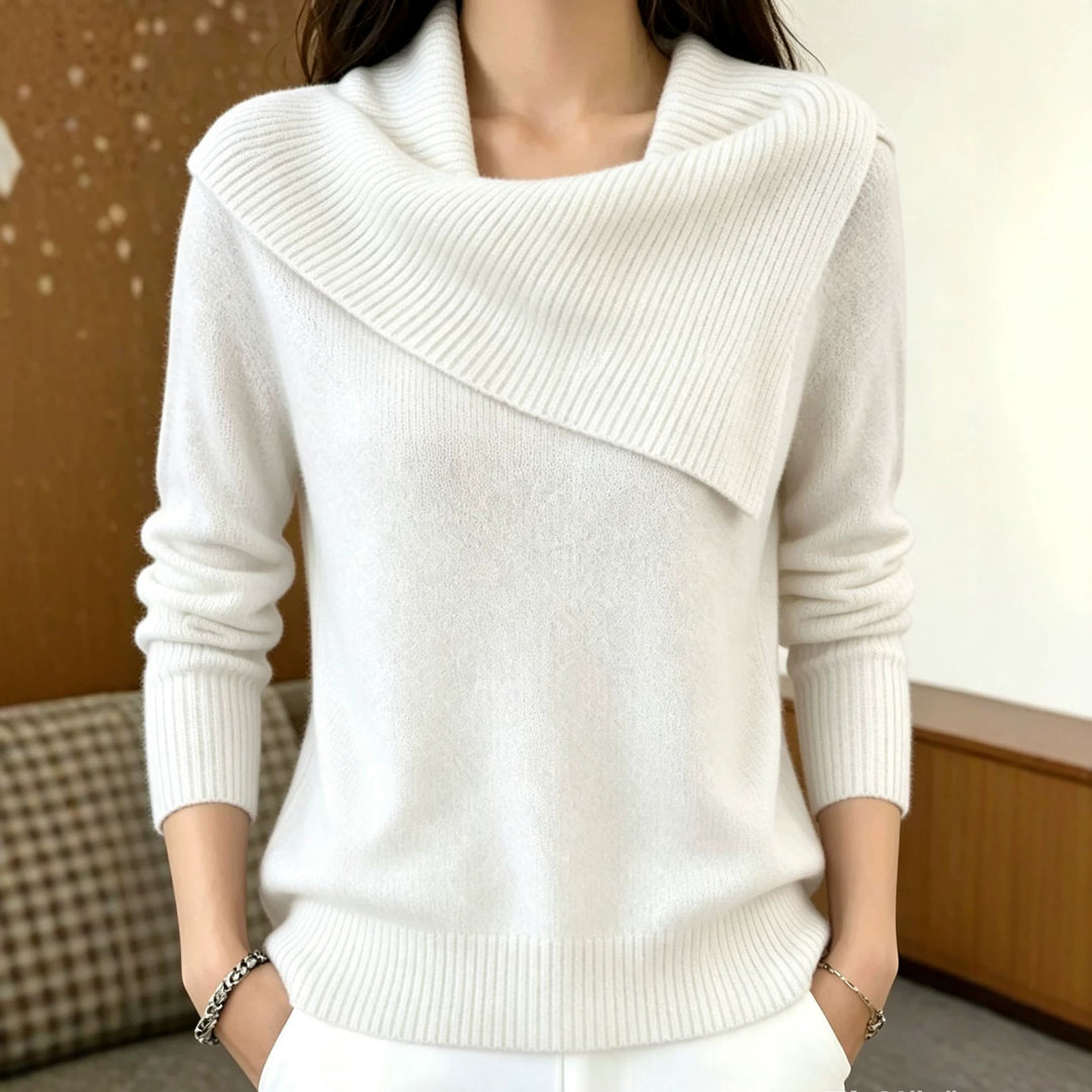 Women Oversized Turtleneck Sweater with Asymmetric Shawl Collar Mune Fashion