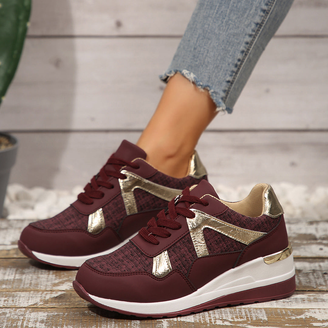 Ladies sporty wedge sneakers with padded memory footbed and elegant metallic accents Mune Fashion
