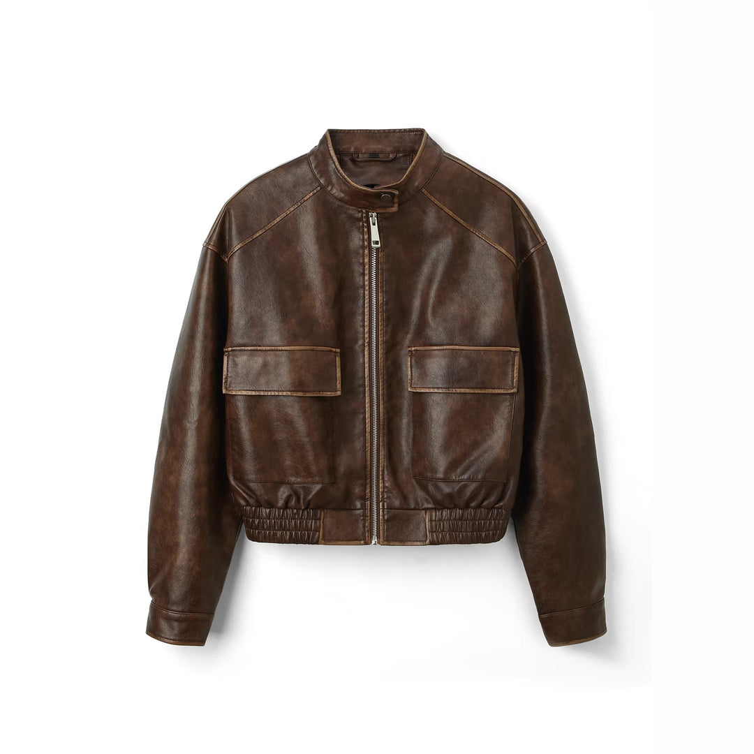 Men's Vintage Leather Bomber Jacket with Stand Collar, Flap Pockets and Elastic Waist Mune Fashion