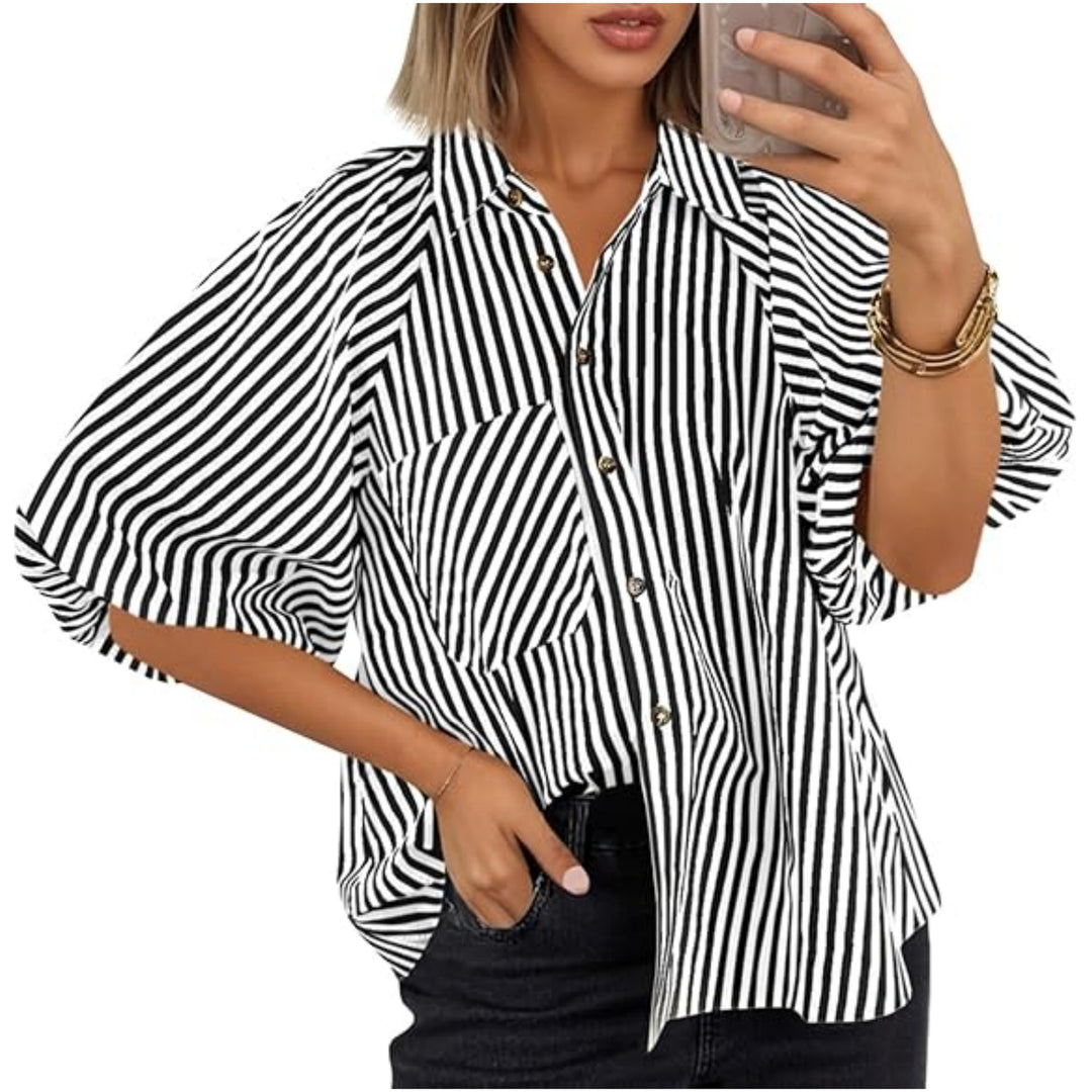 Women Oversize Shirt with Balloon Sleeves and Striped Pattern Mune Fashion