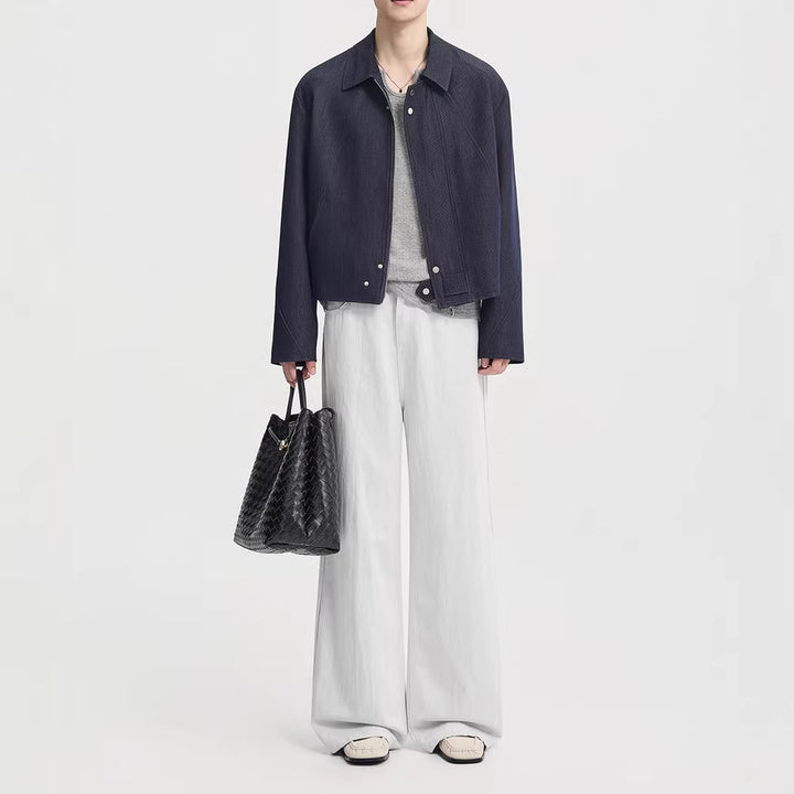 Men's Boxy Denim Jacket in Minimal Style with Shirt Collar and Concealed Snap Placket Mune Fashion