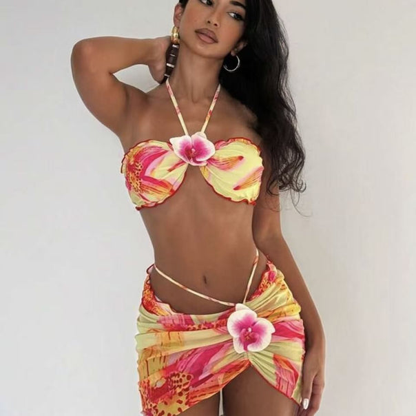 Women's bikini set with floral wrap skirt and adjustable top Mune Fashion