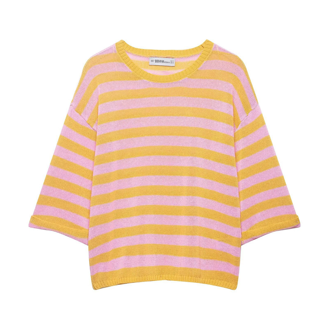 Women's Light Striped Boxy Short Sweater with Dropped Sleeves Mune Fashion