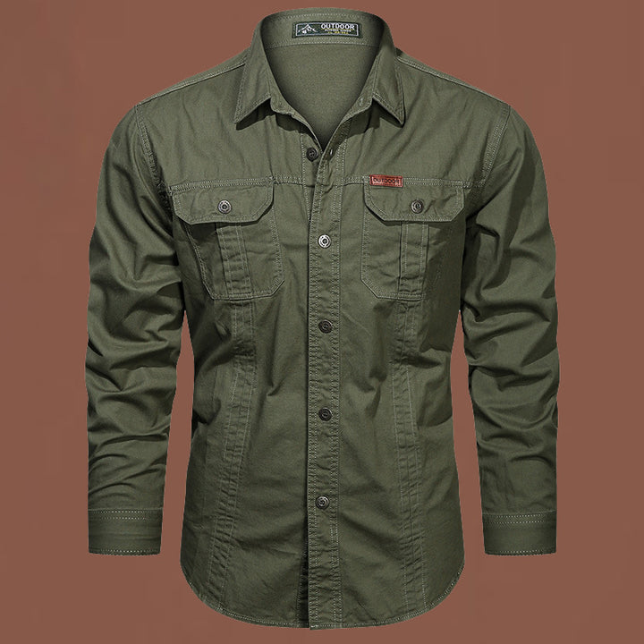 Men's rugged canvas shirt with double chest pockets and reinforced seams.