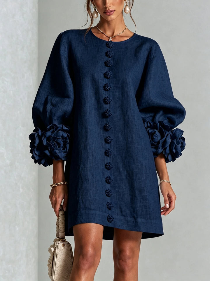 Women’s Short-Cut Linen Dress with 3D Flower Sleeves and Center Button Placket Mune Fashion