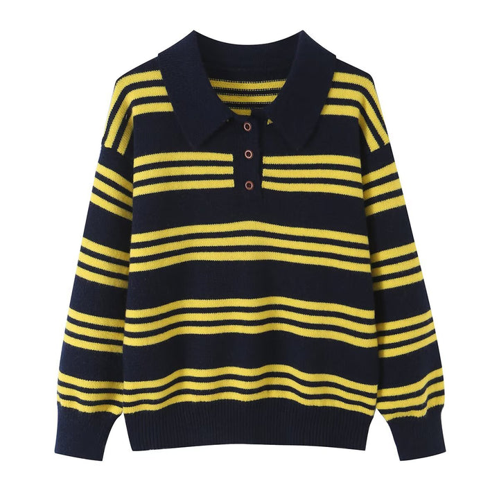 Women's Striped Knit Polo Sweater with Short Button Placket and Ribbed Cuffs Mune Fashion