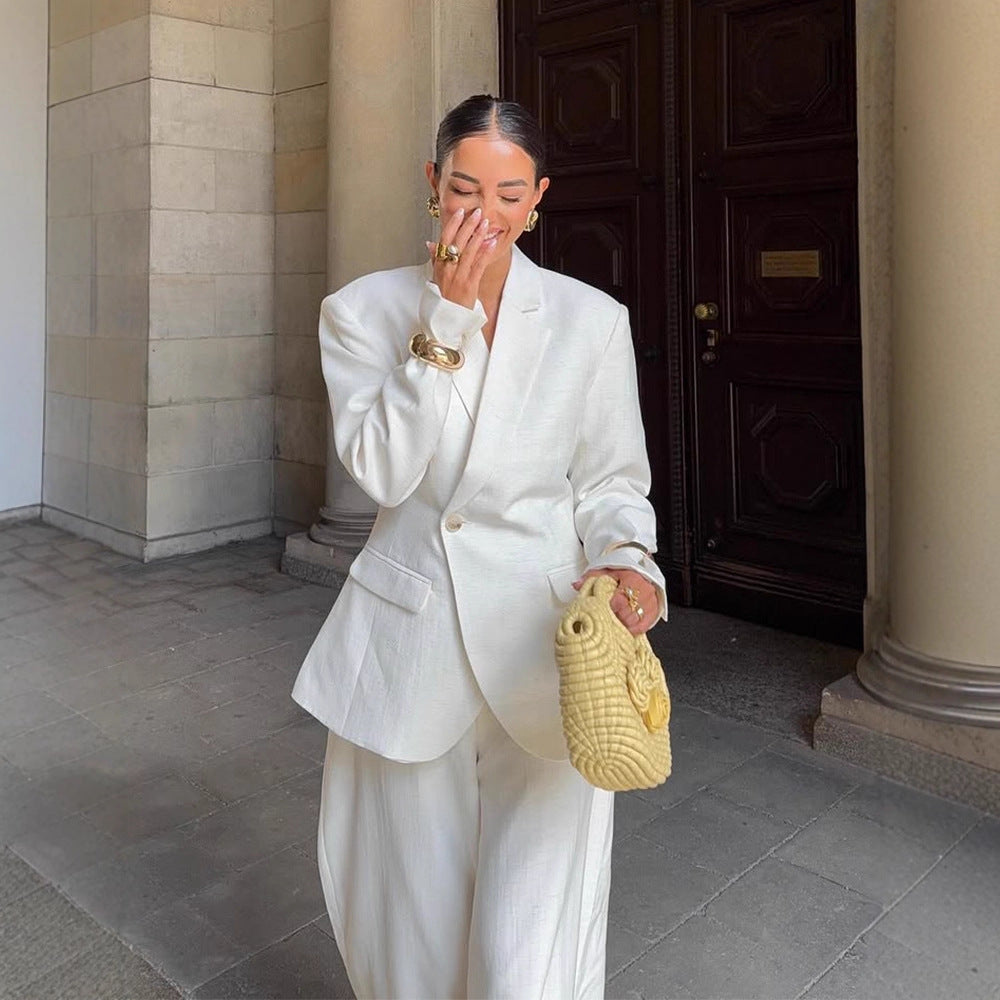 Women Oversized Linen Blazer with Structured Shoulder and Tailored Hem Mune Fashion