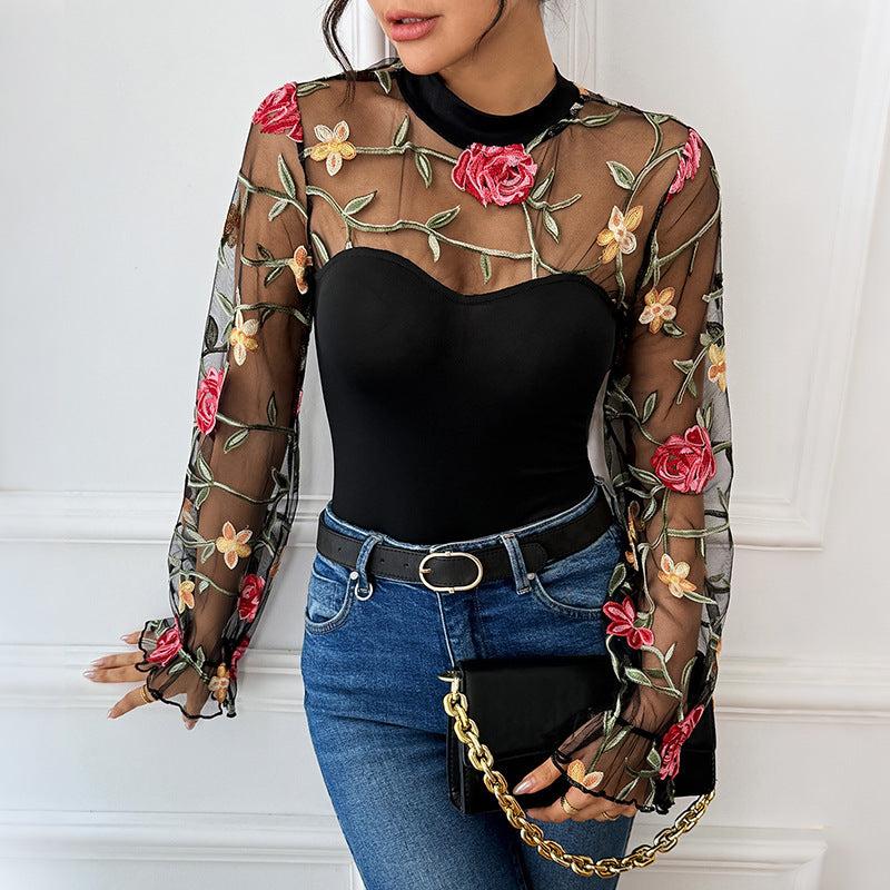 Women Transparent Mesh Bodysuit with Floral Embroidery, Heart Bustier Insert and Stand-Up Collar Mune Fashion