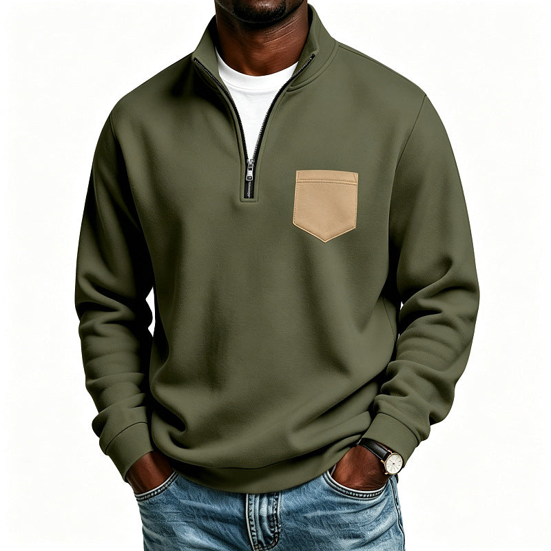 Men's Troyer Sweatshirt with Half Zipper and Contrasting Chest Pocket Mune Fashion