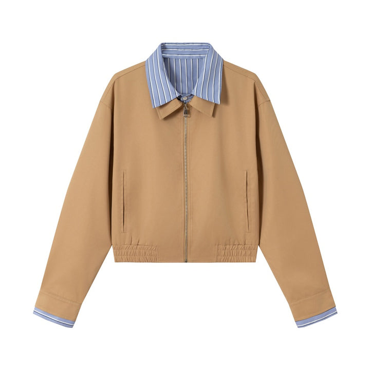 Women's short jacket with contrasting shirt collar, concealed zipper, and elastic hem Mune Fashion