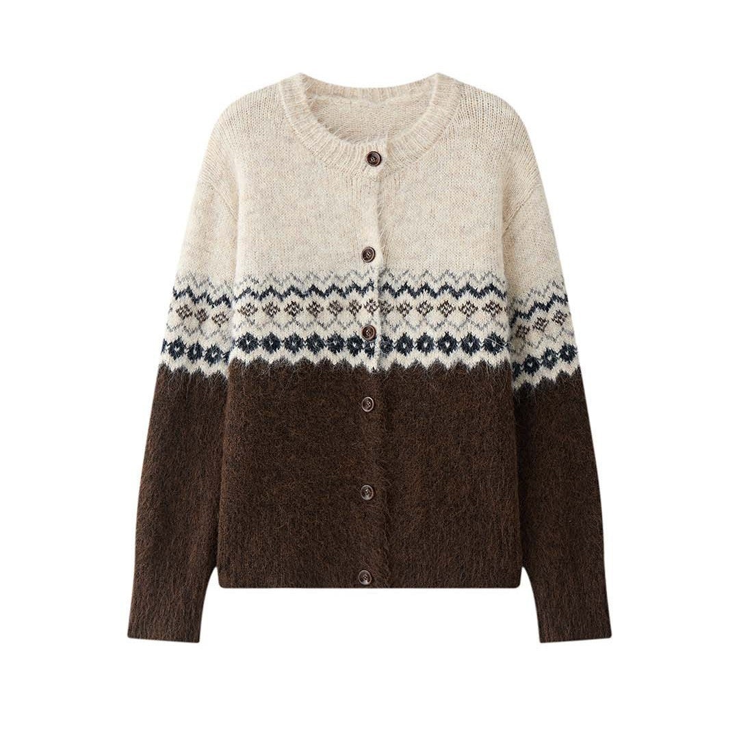 Women's Norwegian Pattern Mohair Look Cardigan with Button Placket and Round Neckline Mune Fashion