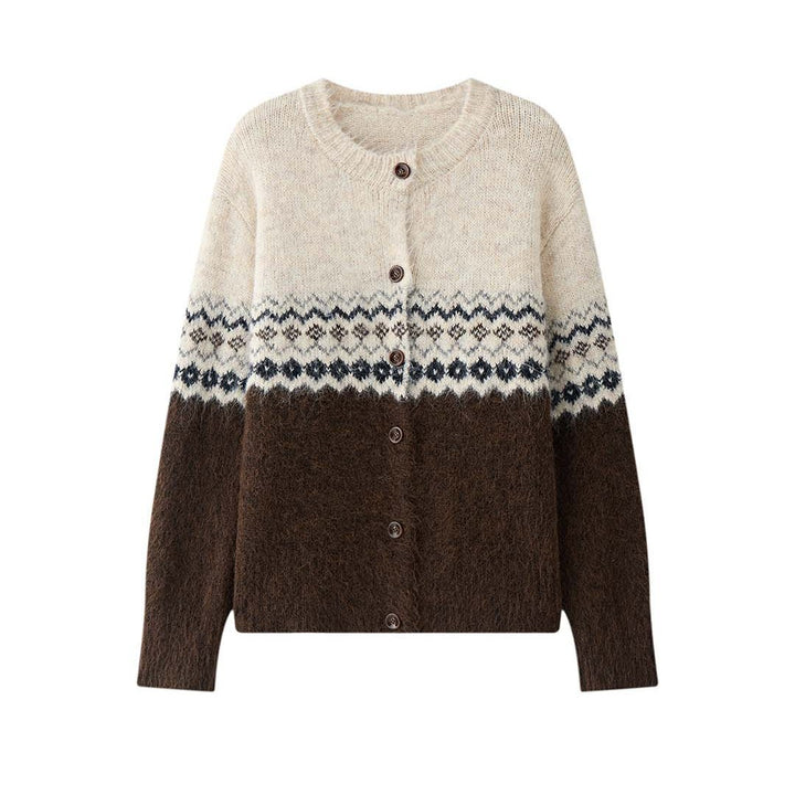 Women's Norwegian Pattern Mohair Look Cardigan with Button Placket and Round Neckline Mune Fashion