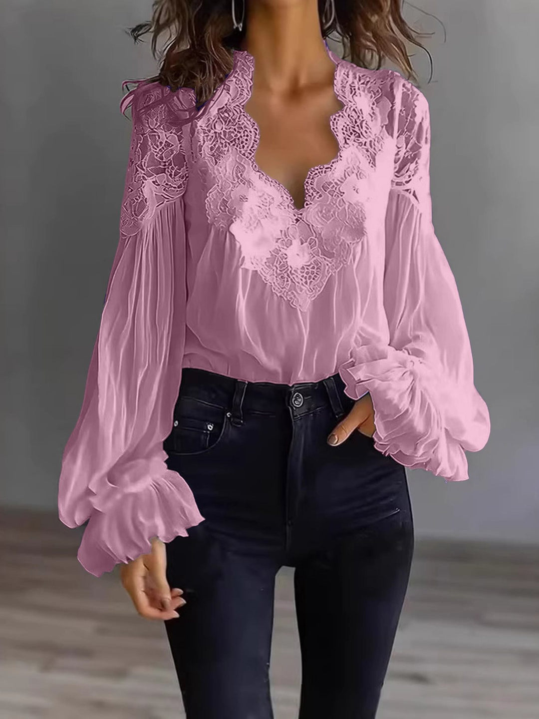 Women's Chiffon Blouse with Lace V-Neck and Wide Pleated Sleeves Mune Fashion