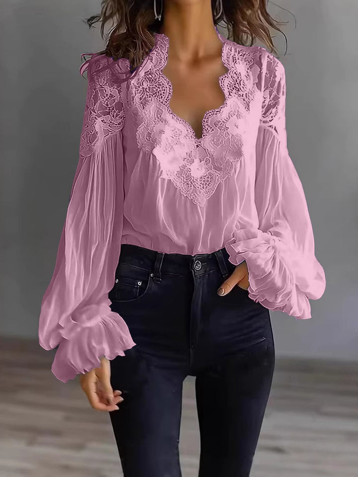Women's Chiffon Blouse with Lace V-Neck and Wide Pleated Sleeves Mune Fashion