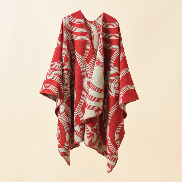 Ladies' collarless jacquard cape in a boxy oversized style with abstract medallion pattern
