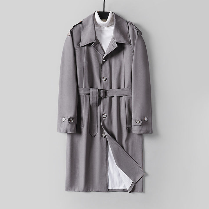 Men's Simple Twill Trench Coat with Adjustable Waist Belt and Shoulder Patches Mune Fashion
