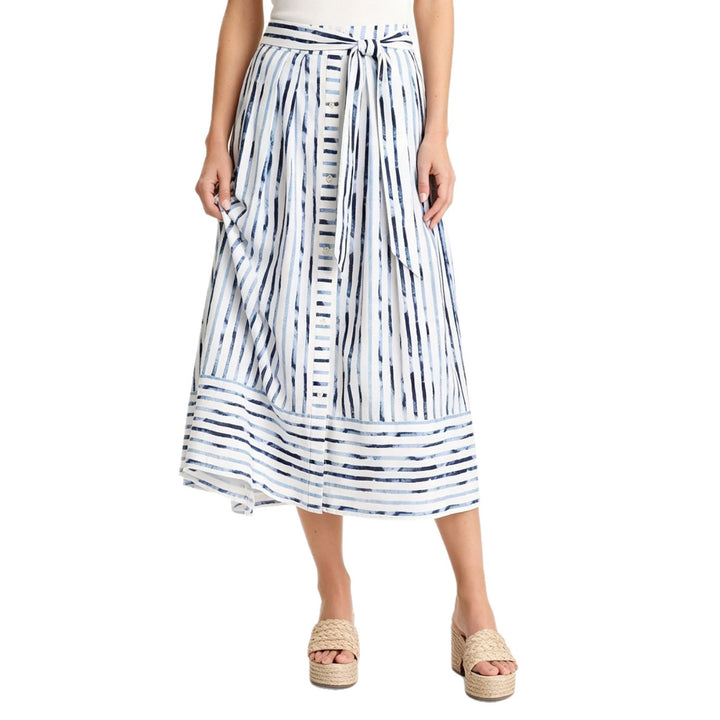 Ladies Striped Midi Skirt with Button Placket, Tied Belt and A-Line Cut Mune Fashion