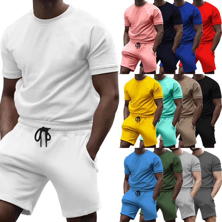 Men's short-sleeve sweat set made of soft sweatshirt fabric with a round neck shirt and drawstring shorts Mune Fashion