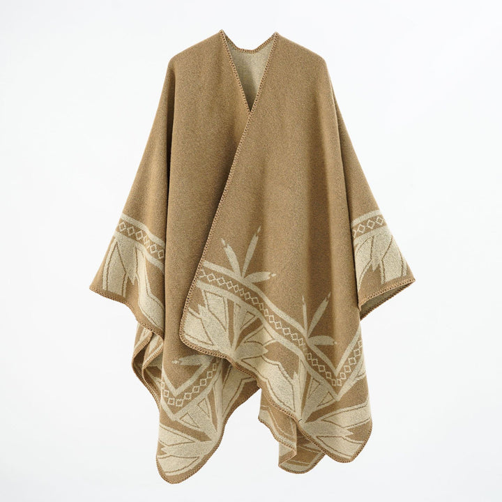 Women's Coarse Woven Poncho Cape made of Wool Blend with V-Neck and Ornamental Jacquard Mune Fashion