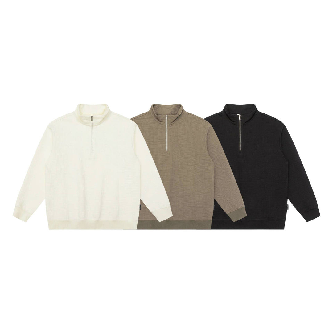 Unisex Structured Waffle Knit Half Zip Sweater with Stand-Up Collar and Ribbed Cuffs Mune Fashion