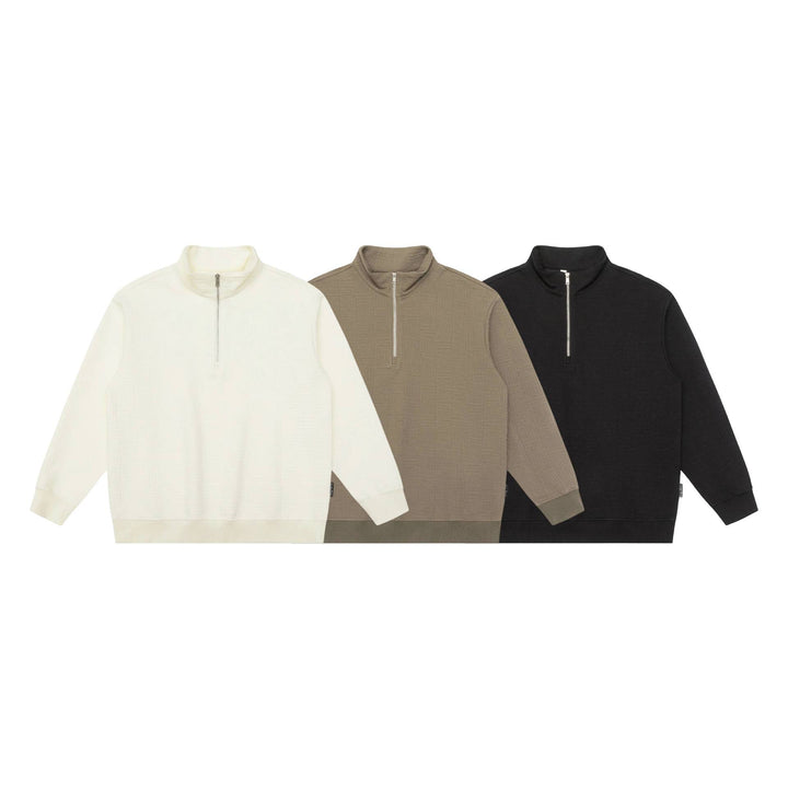 Unisex Structured Waffle Knit Half Zip Sweater with Stand-Up Collar and Ribbed Cuffs Mune Fashion