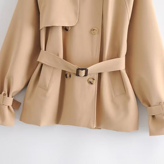 Women Short Tailored Trench Coat with Tied Belt, Asymmetrical Storm Flap and Cuff Strap Mune Fashion