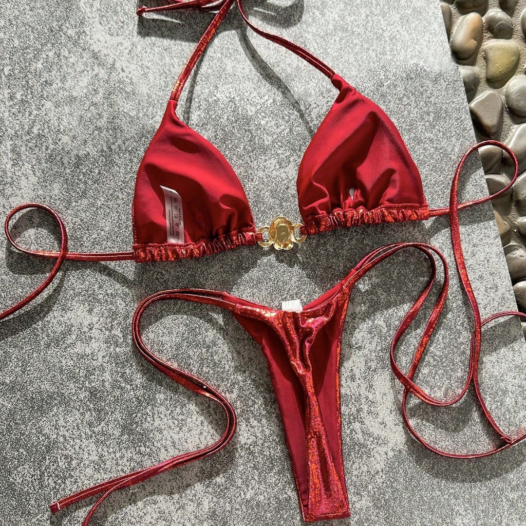 Women Shiny Triangle Bikini with Jewelry Detail Mune Fashion