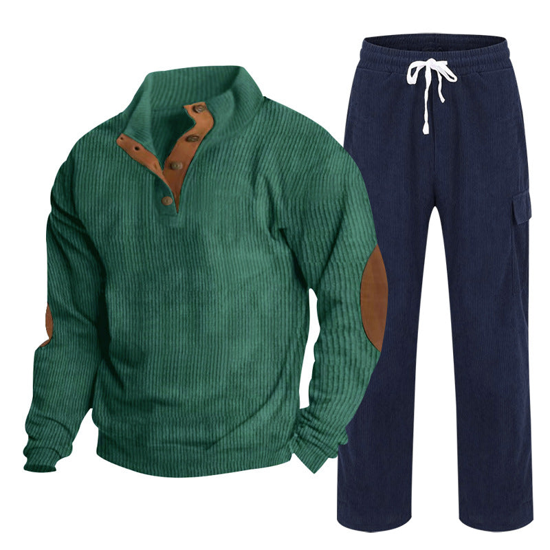 Men's Cozy Leisure Set made of Waffle Knit Henley with Elbow Patch and Relax Cargo Pants Mune Fashion